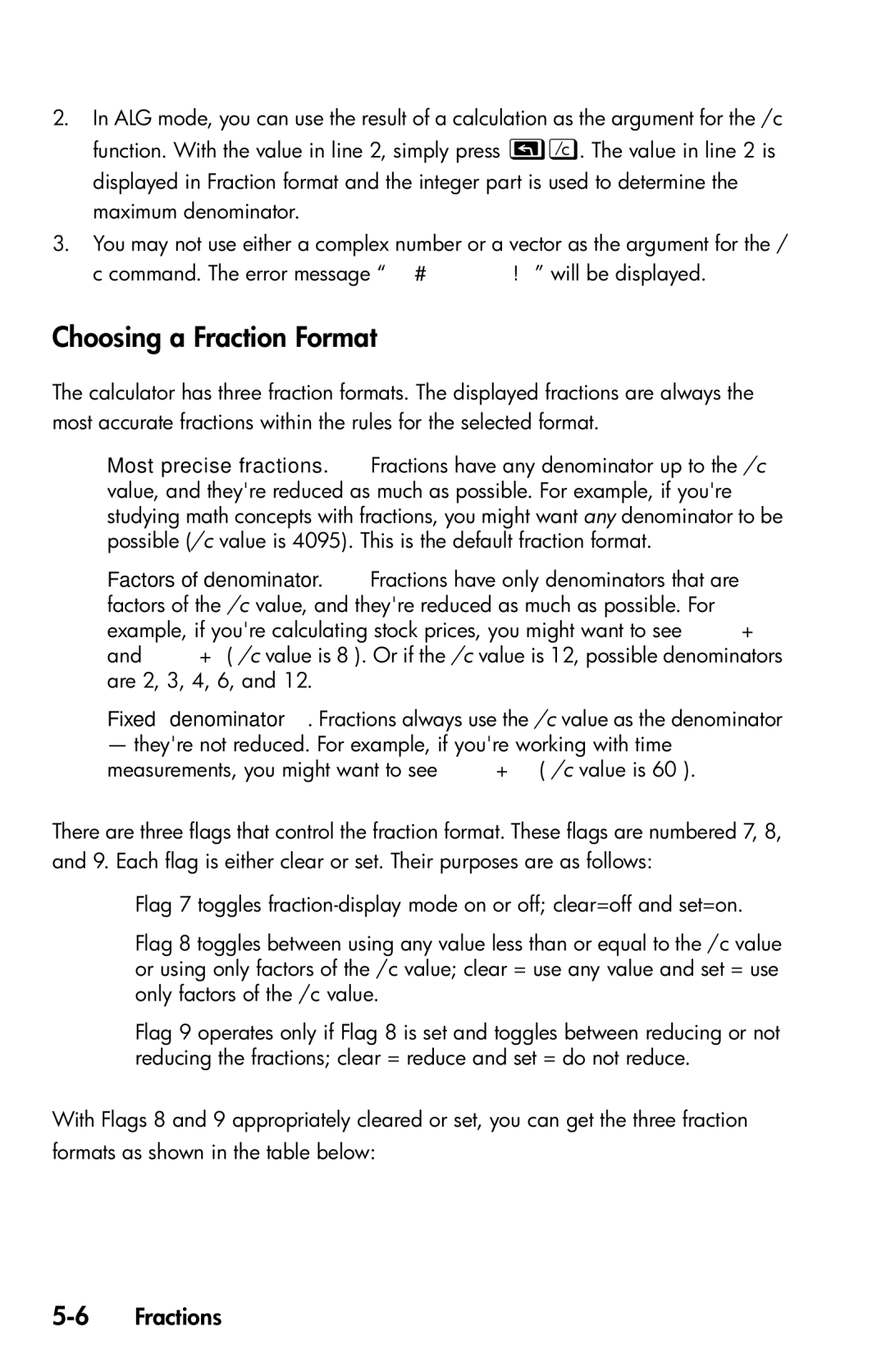 HP 35s Scientific manual Choosing a Fraction Format, 6Fractions 