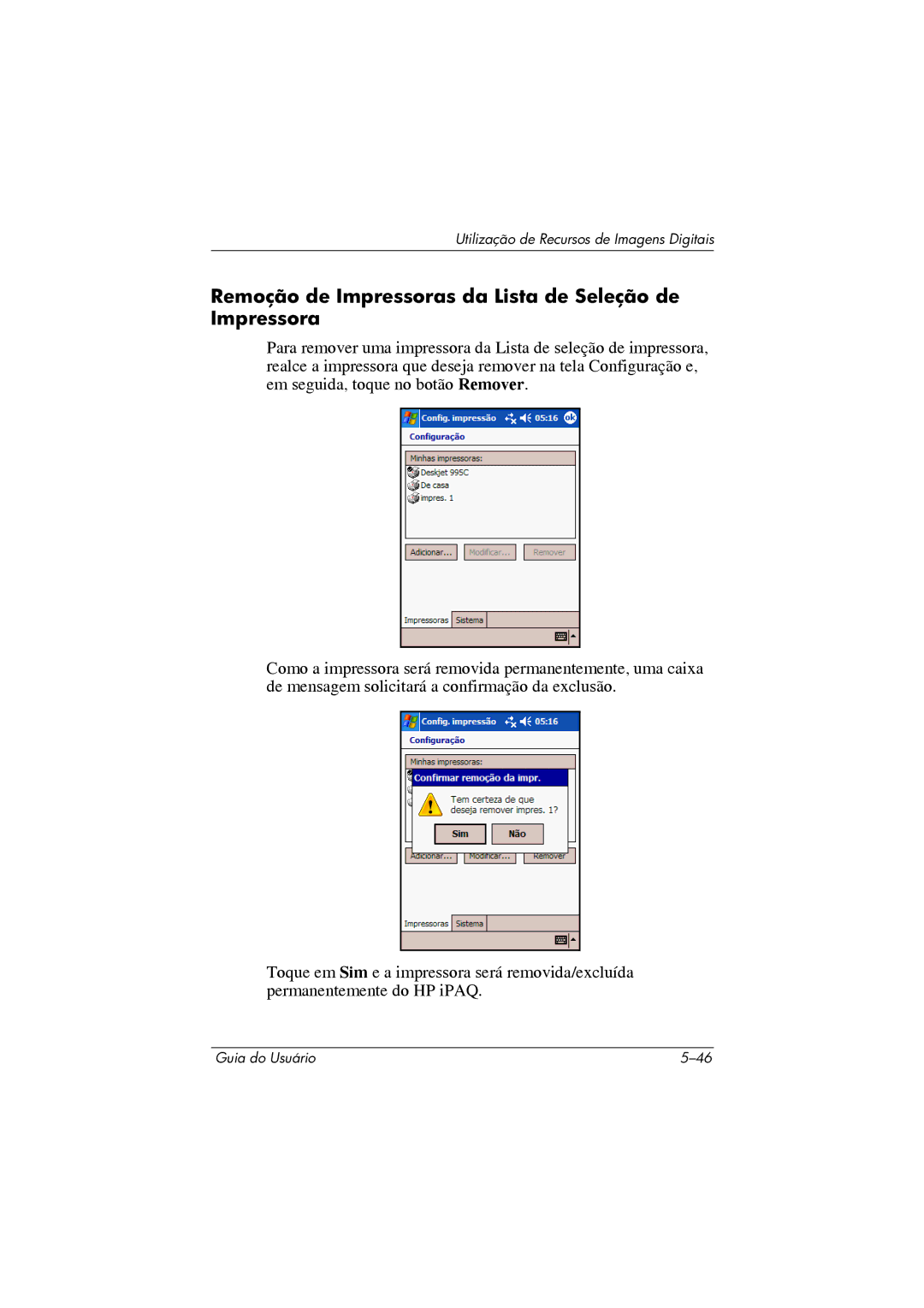 HP 364351-202 manual Remoção de Impressoras da Lista de Seleção de Impressora 