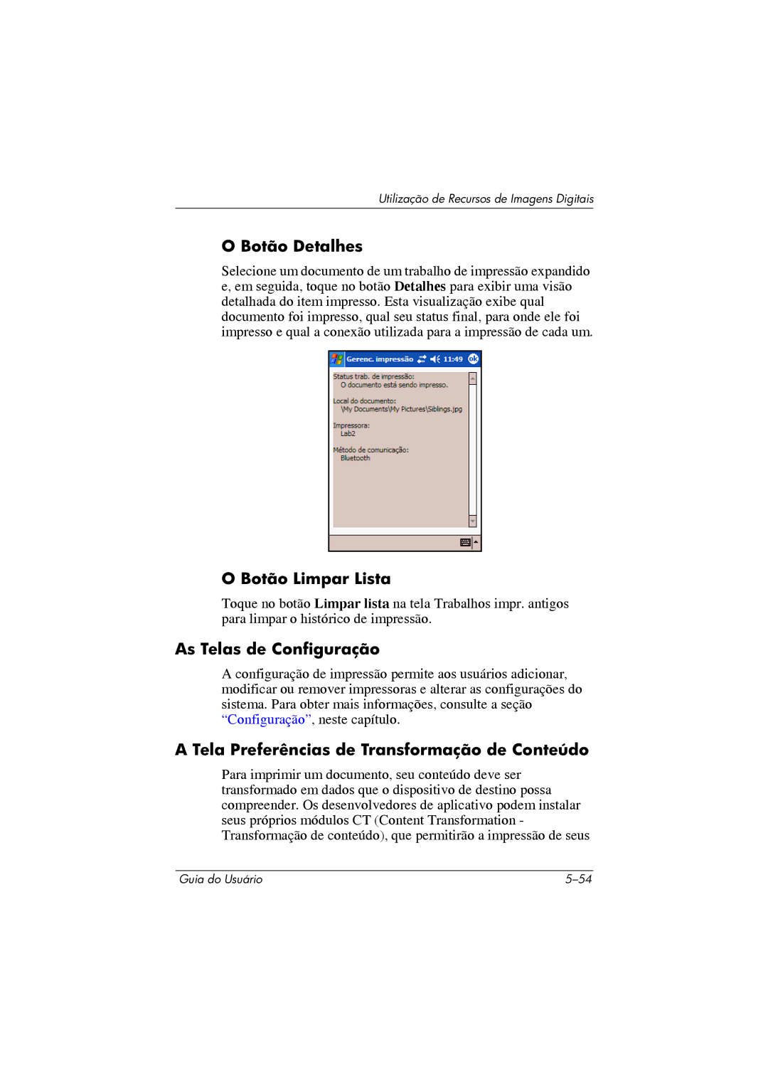 HP 364351-202 manual Botão Limpar Lista, As Telas de Configuração, Tela Preferências de Transformação de Conteúdo 