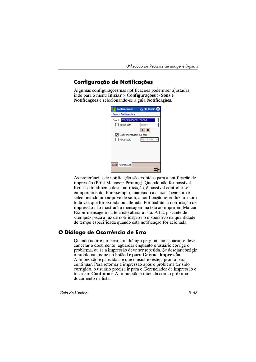 HP 364351-202 manual Configuração de Notificações, Diálogo de Ocorrência de Erro 