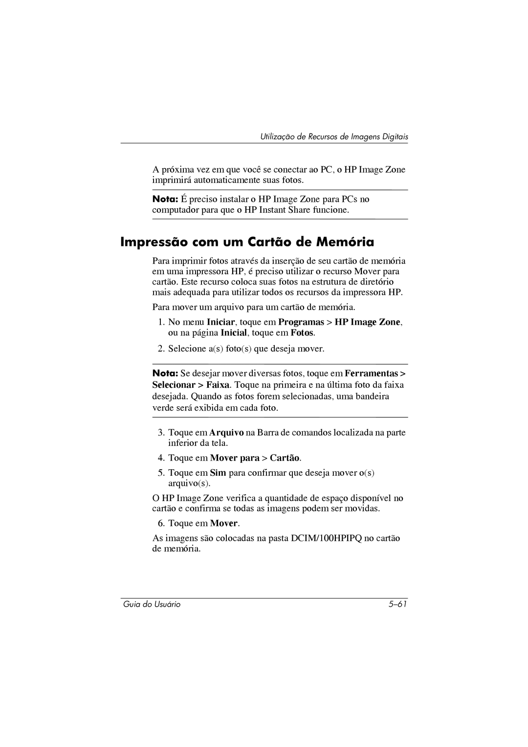 HP 364351-202 manual Impressão com um Cartão de Memória, Toque em Mover para Cartão 