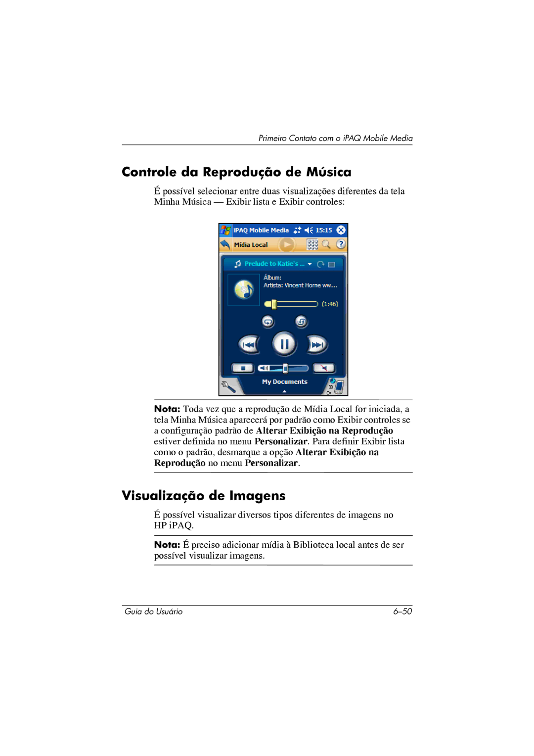 HP 364351-202 manual Controle da Reprodução de Música, Visualização de Imagens 