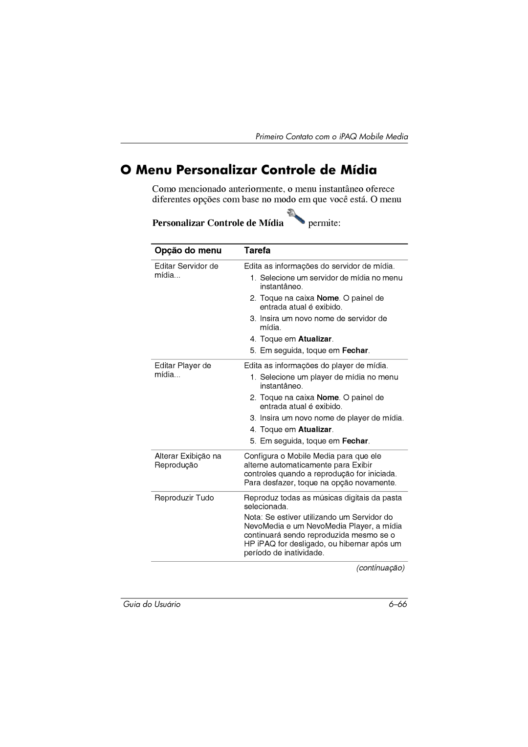 HP 364351-202 manual Menu Personalizar Controle de Mídia, Personalizar Controle de Mídia permite 