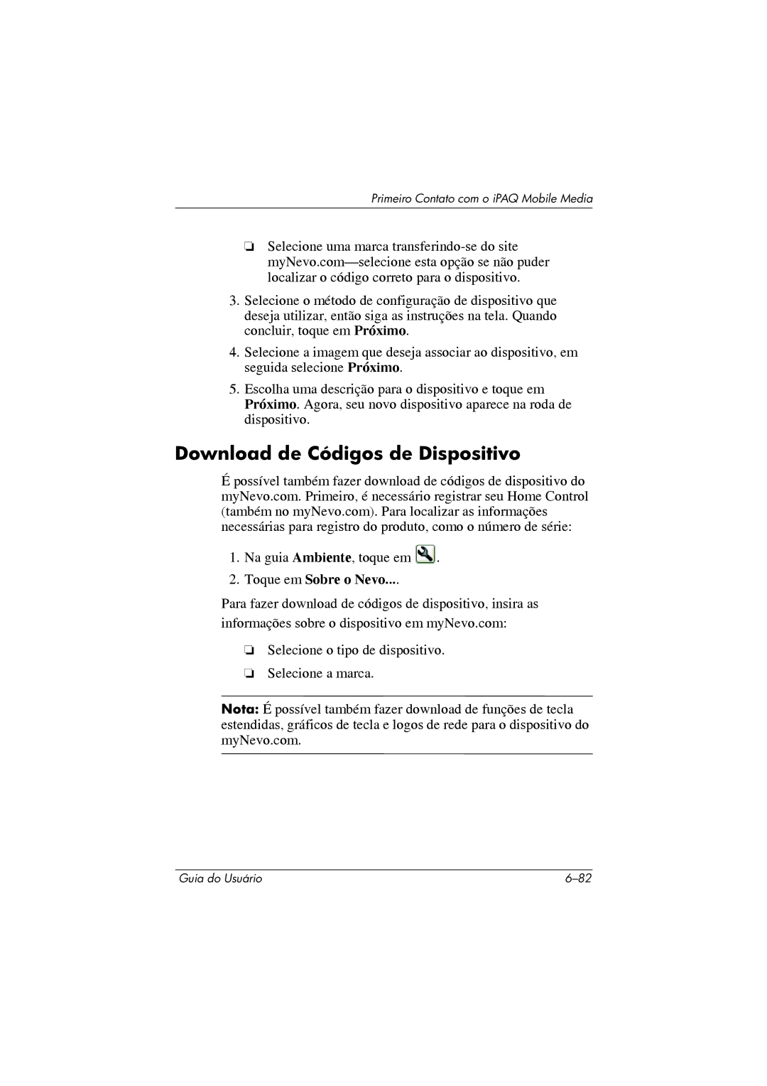 HP 364351-202 manual Download de Códigos de Dispositivo, Toque em Sobre o Nevo 