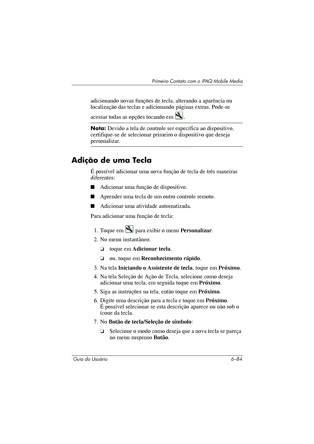 HP 364351-202 manual Adição de uma Tecla, No Botão de tecla/Seleção de símbolo 