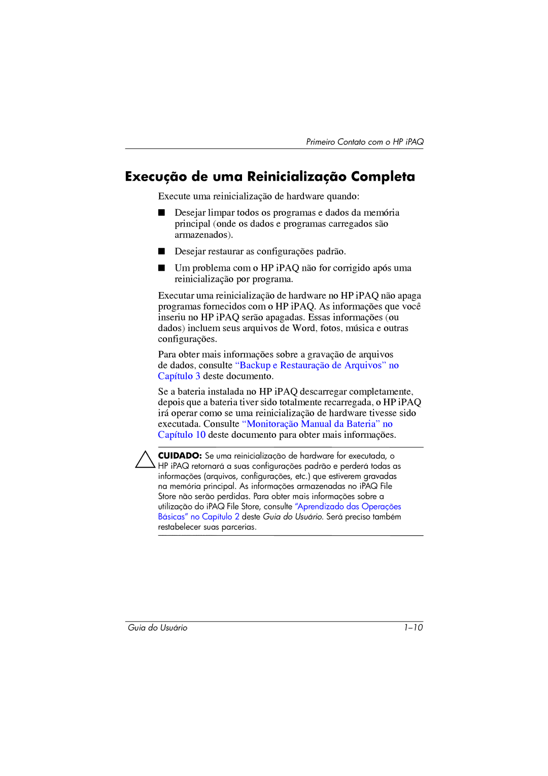 HP 364351-202 manual Execução de uma Reinicialização Completa 