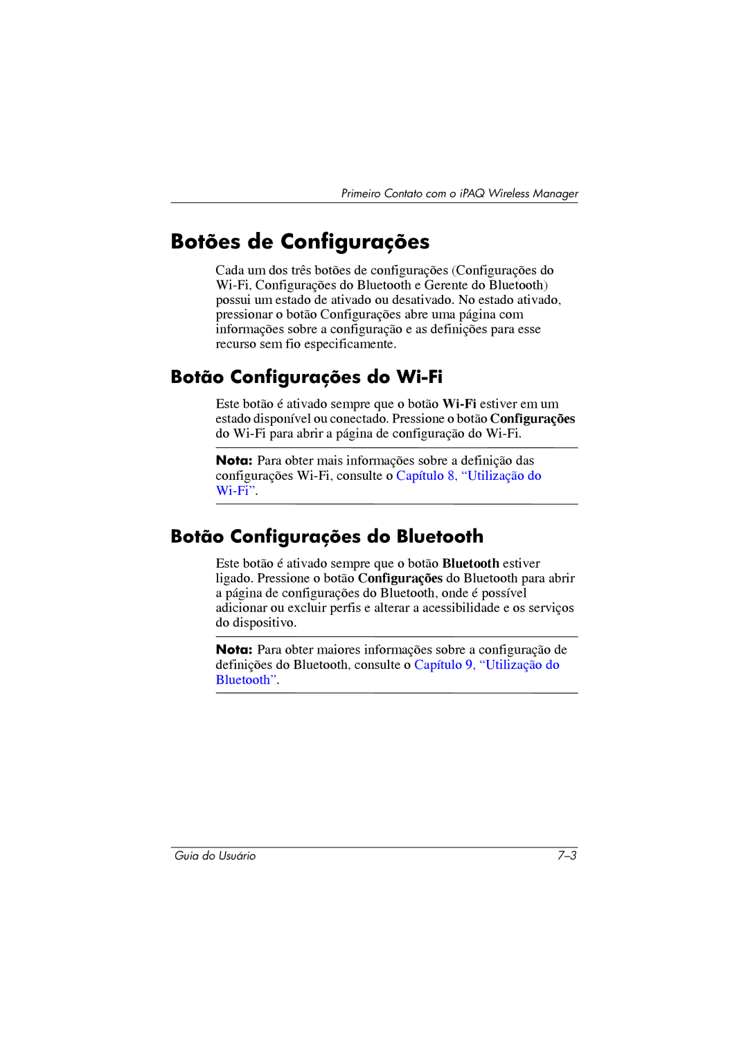 HP 364351-202 manual Botões de Configurações, Botão Configurações do Wi-Fi, Botão Configurações do Bluetooth 