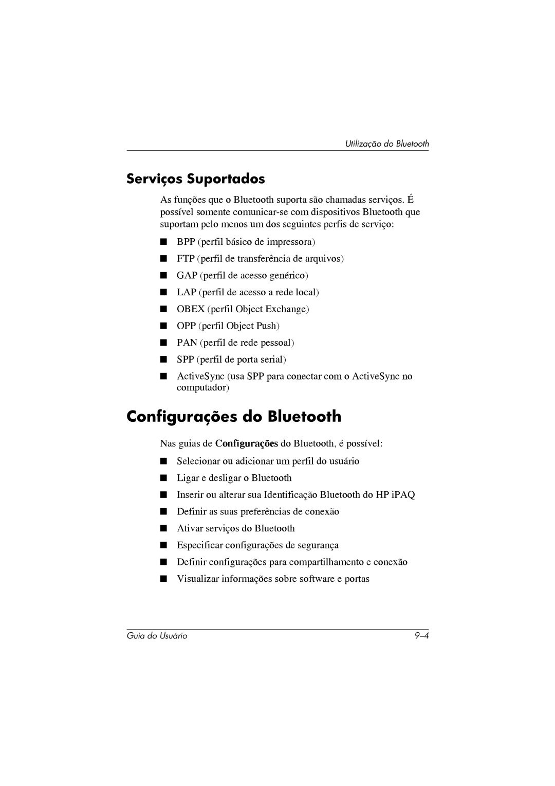 HP 364351-202 manual Configurações do Bluetooth, Serviços Suportados 