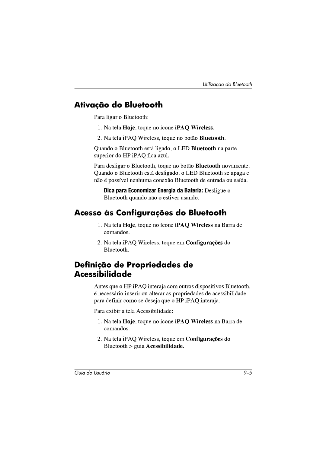 HP 364351-202 Ativação do Bluetooth, Acesso às Configurações do Bluetooth, Definição de Propriedades de Acessibilidade 