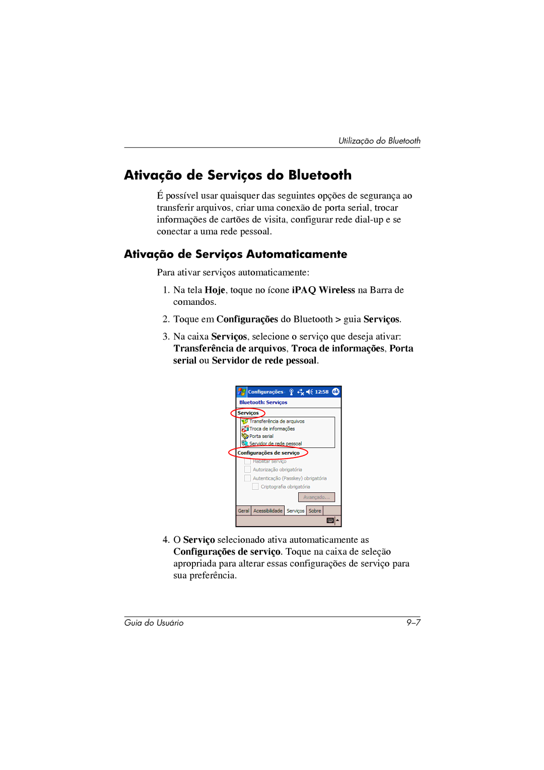 HP 364351-202 manual Ativação de Serviços do Bluetooth, Ativação de Serviços Automaticamente 