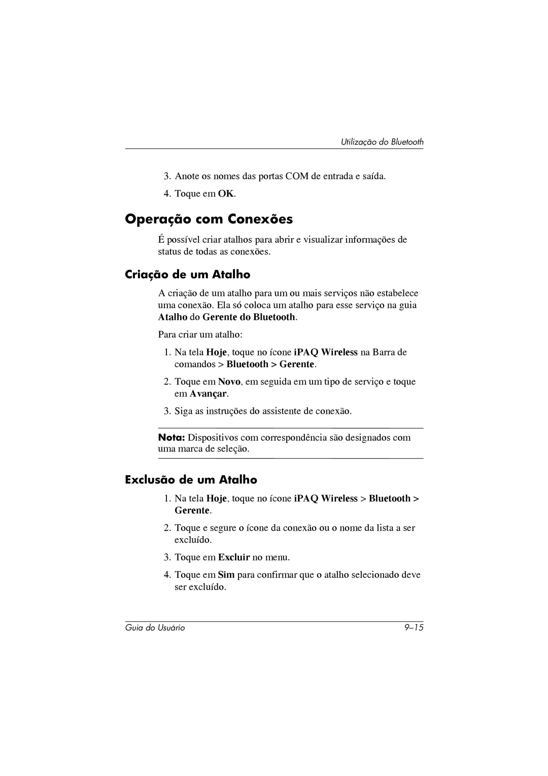 HP 364351-202 manual Operação com Conexões, Criação de um Atalho, Exclusão de um Atalho 