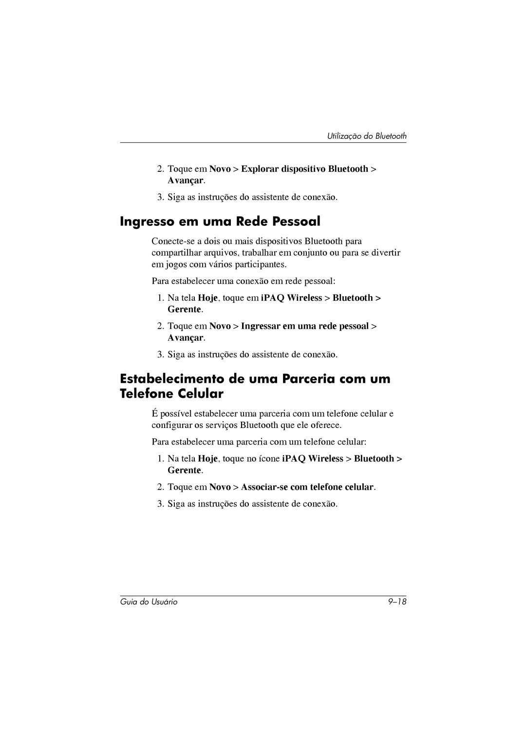 HP 364351-202 manual Ingresso em uma Rede Pessoal, Estabelecimento de uma Parceria com um Telefone Celular 