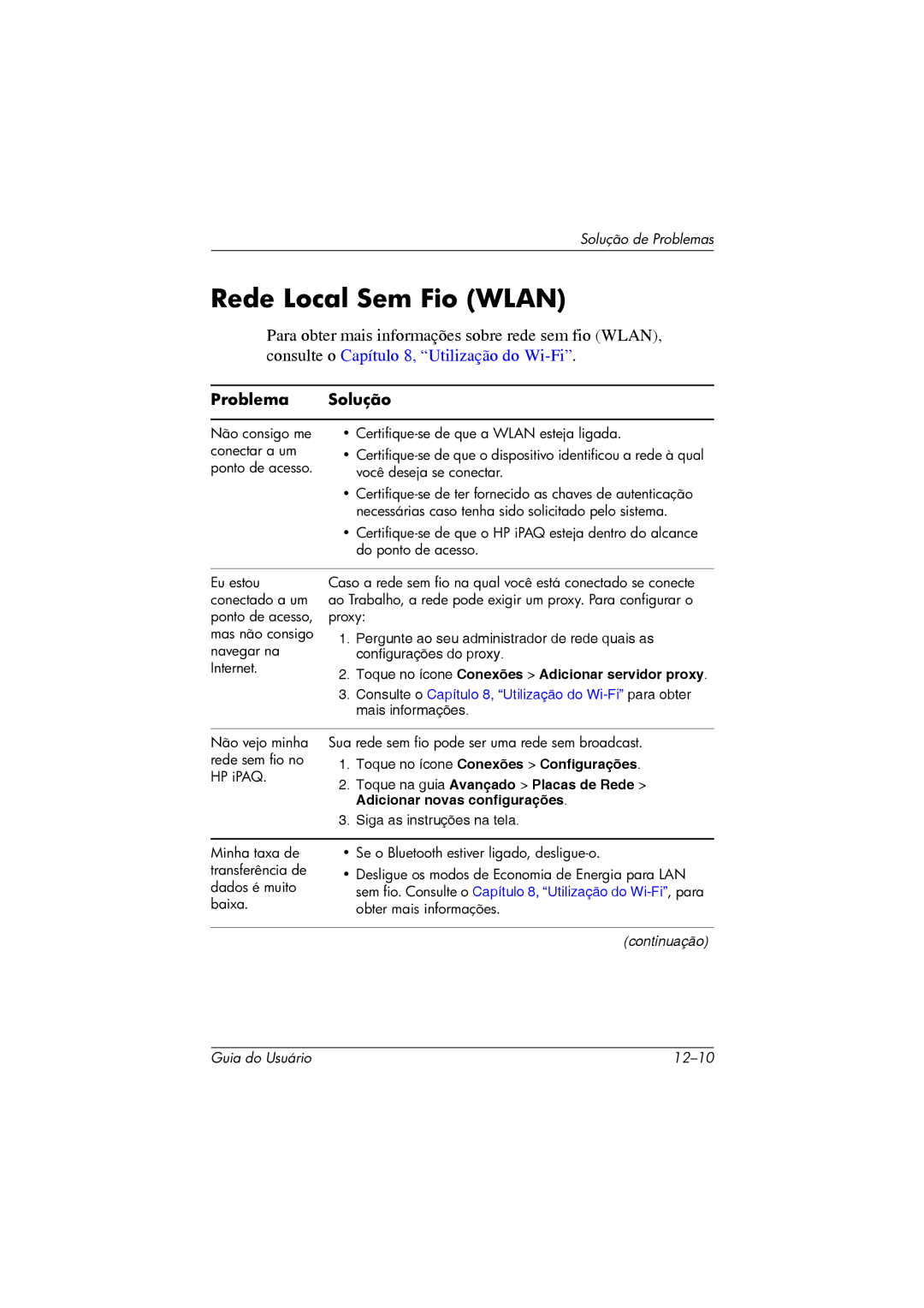 HP 364351-202 manual Rede Local Sem Fio Wlan, Toque no ícone Conexões Adicionar servidor proxy 