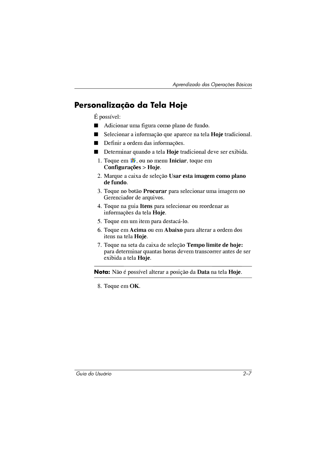 HP 364351-202 manual Personalização da Tela Hoje 