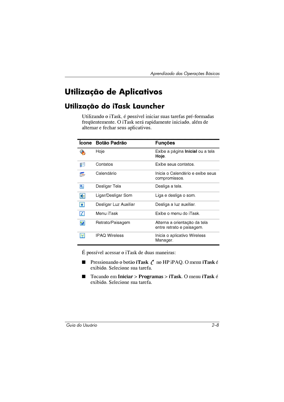 HP 364351-202 manual Utilização de Aplicativos, Utilização do iTask Launcher 