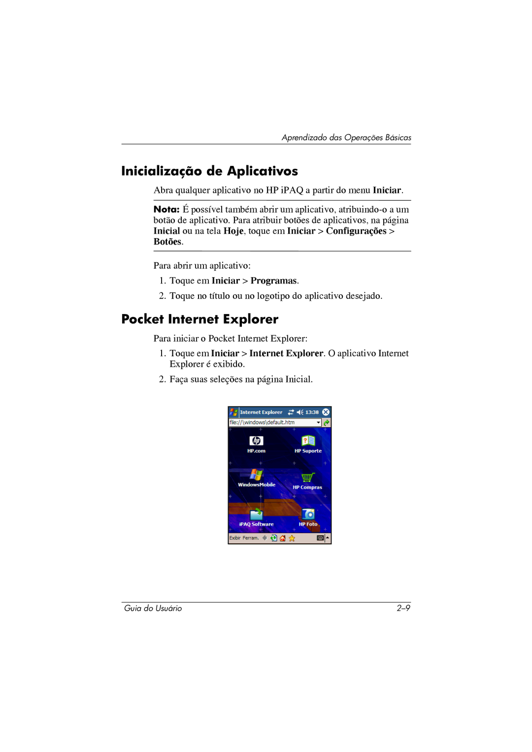 HP 364351-202 manual Inicialização de Aplicativos, Pocket Internet Explorer, Toque em Iniciar Programas 