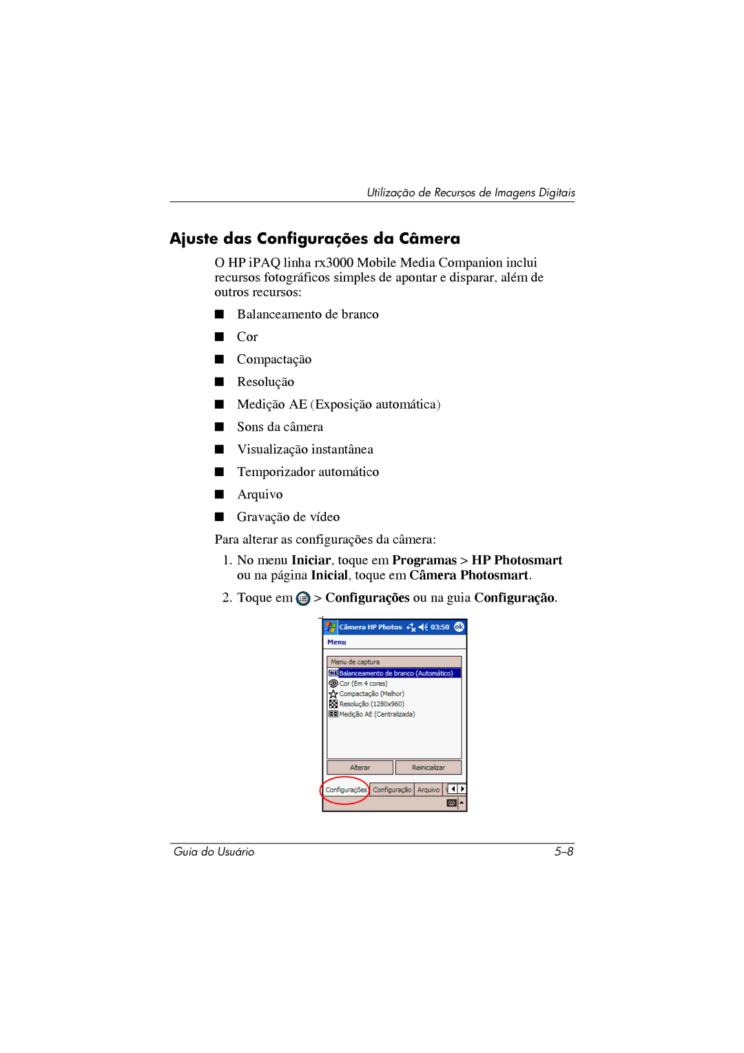 HP 364351-202 manual Ajuste das Configurações da Câmera 