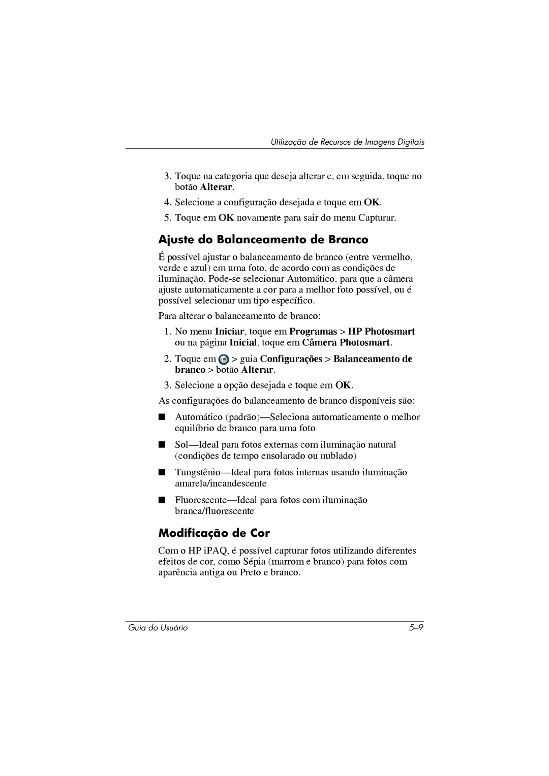 HP 364351-202 manual Ajuste do Balanceamento de Branco, Modificação de Cor 