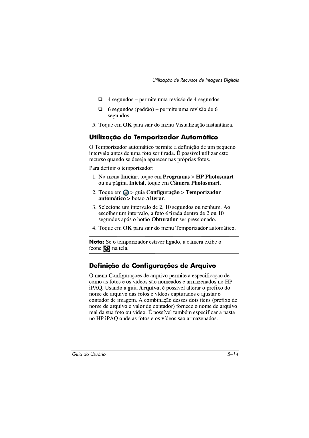 HP 364351-202 manual Utilização do Temporizador Automático, Definição de Configurações de Arquivo 