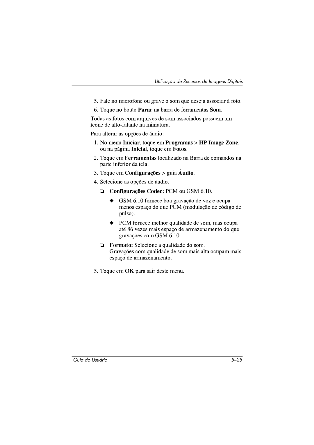 HP 364351-202 manual Toque em Configurações guia Áudio, Configurações Codec PCM ou GSM 