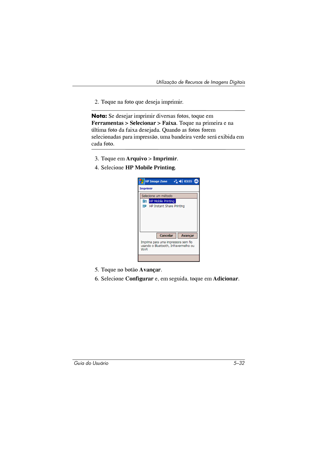 HP 364351-202 manual Toque em Arquivo Imprimir Selecione HP Mobile Printing 