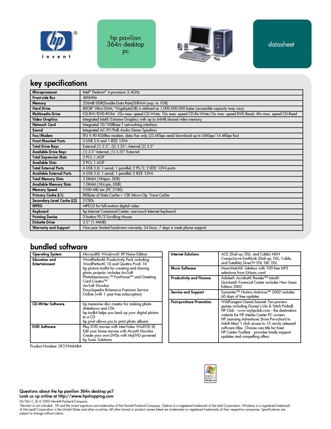 HP 364n (US) manual Key specifications, Bundled software, Questions about the hp pavilion 364n desktop pc?, PCI 1 AGP 