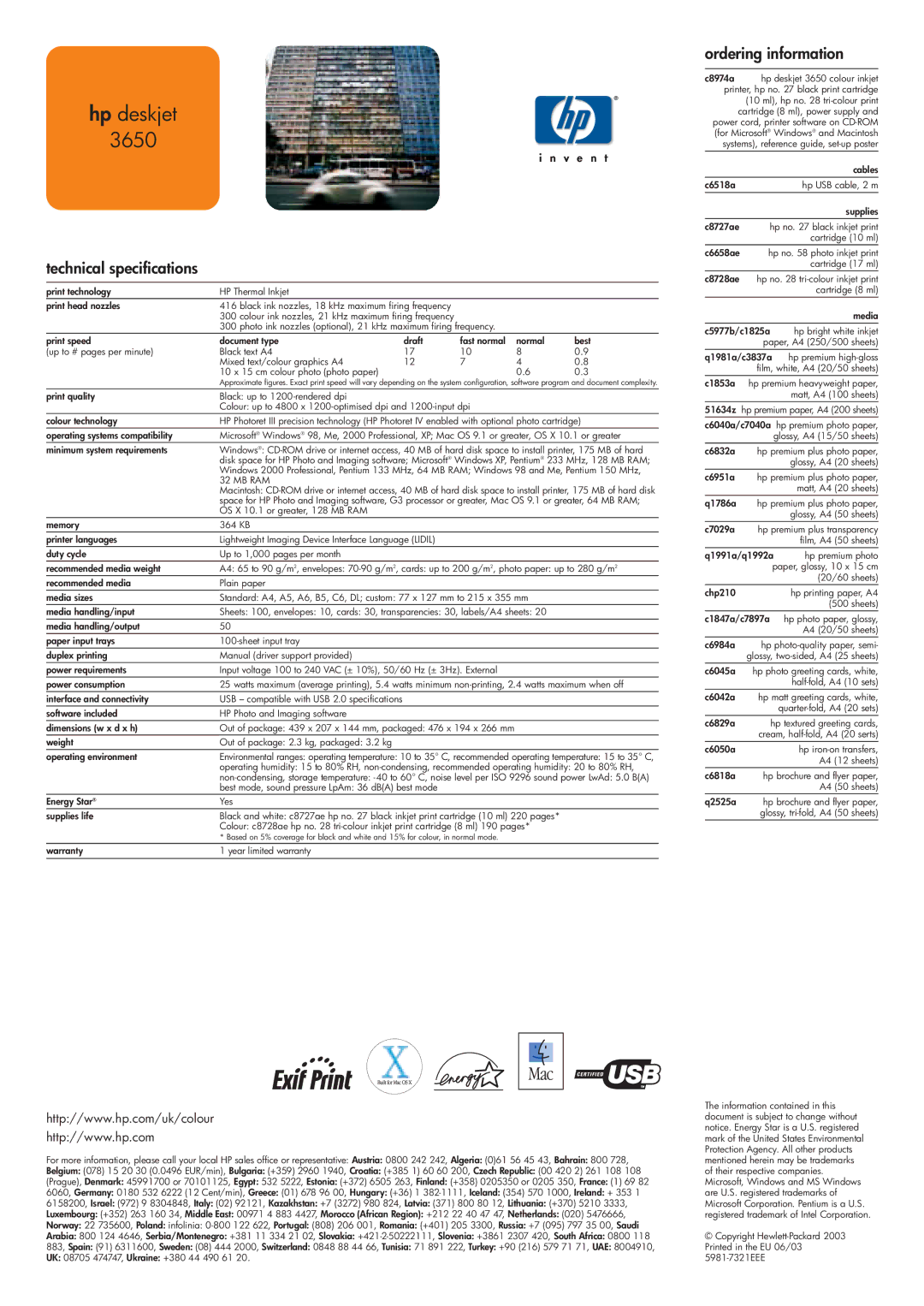 HP manual Hp deskjet 3650, Technical specifications, Ordering information, Mb Ram 