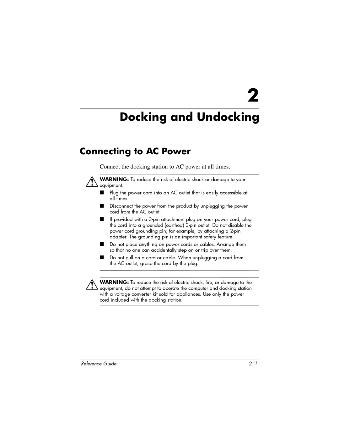 HP 367055-002 manual Docking and Undocking, Connecting to AC Power 