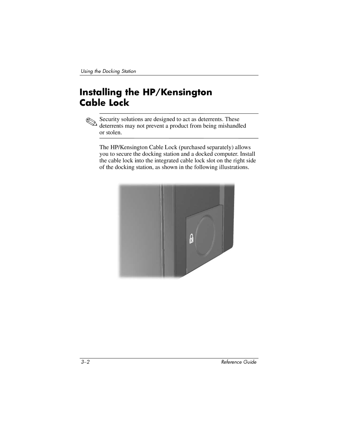 HP 367055-002 manual Installing the HP/Kensington Cable Lock 