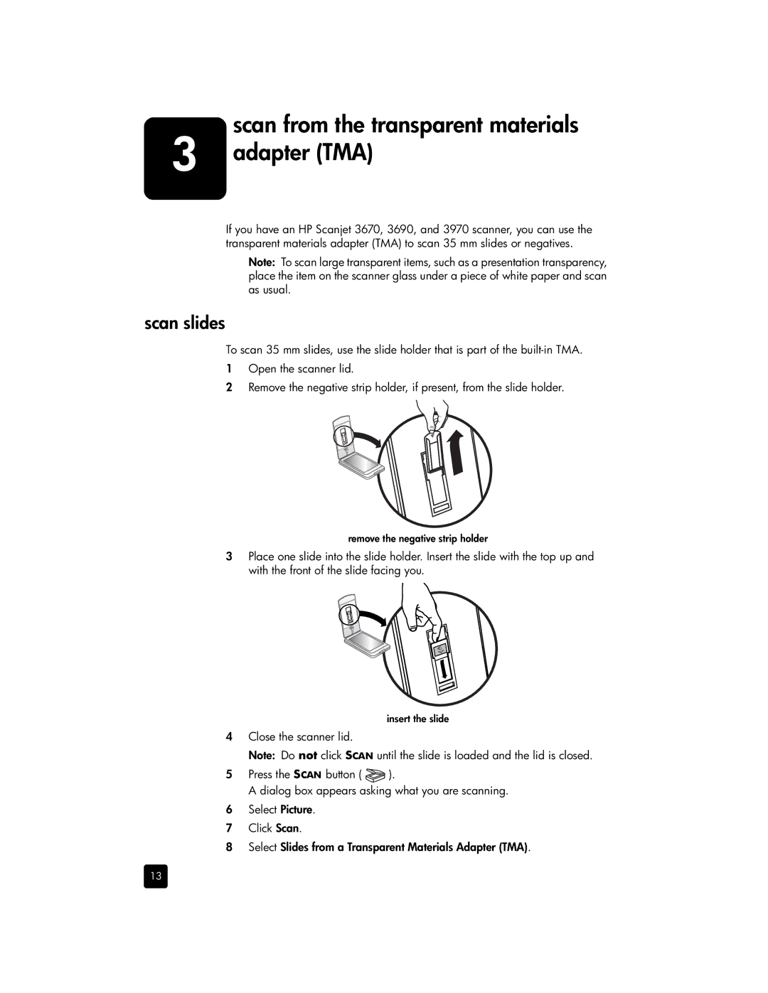 HP 3690, 3670 manual Adapter TMA, Scan slides 