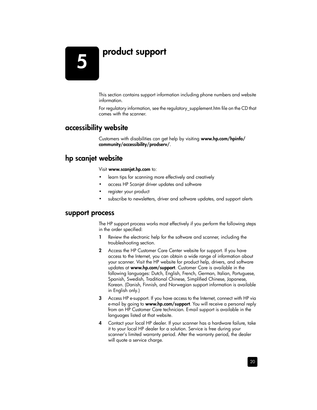 HP 3670, 3690 manual Accessibility website Hp scanjet website, Support process 