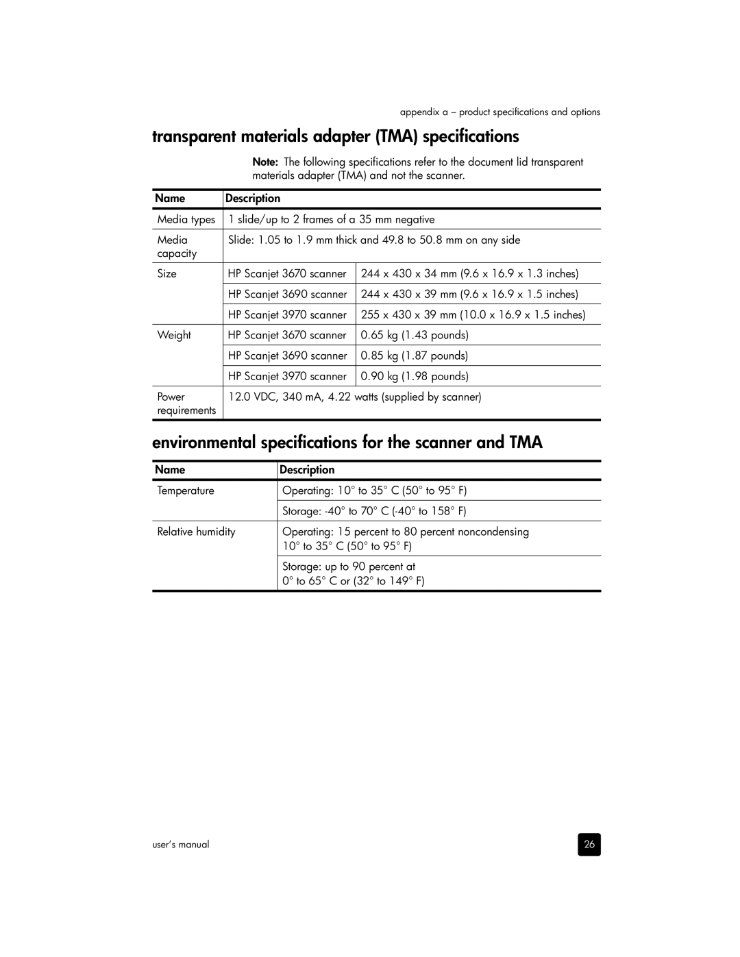 HP 3670, 3690 manual Transparent materials adapter TMA specifications, Environmental specifications for the scanner and TMA 