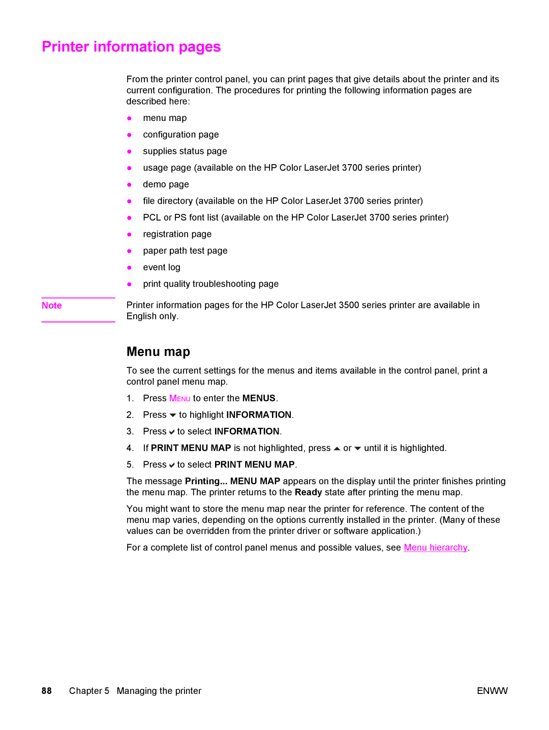 HP 3700, 3500 manual Printer information pages, Menu map, To select Print Menu MAP 