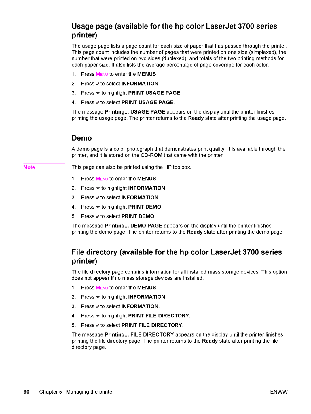 HP 3700, 3500 manual Demo, Press to select Print File Directory 