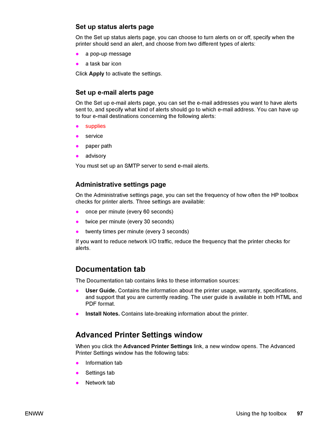 HP 3500, 3700 manual Documentation tab, Advanced Printer Settings window, Set up status alerts, Set up e-mail alerts 