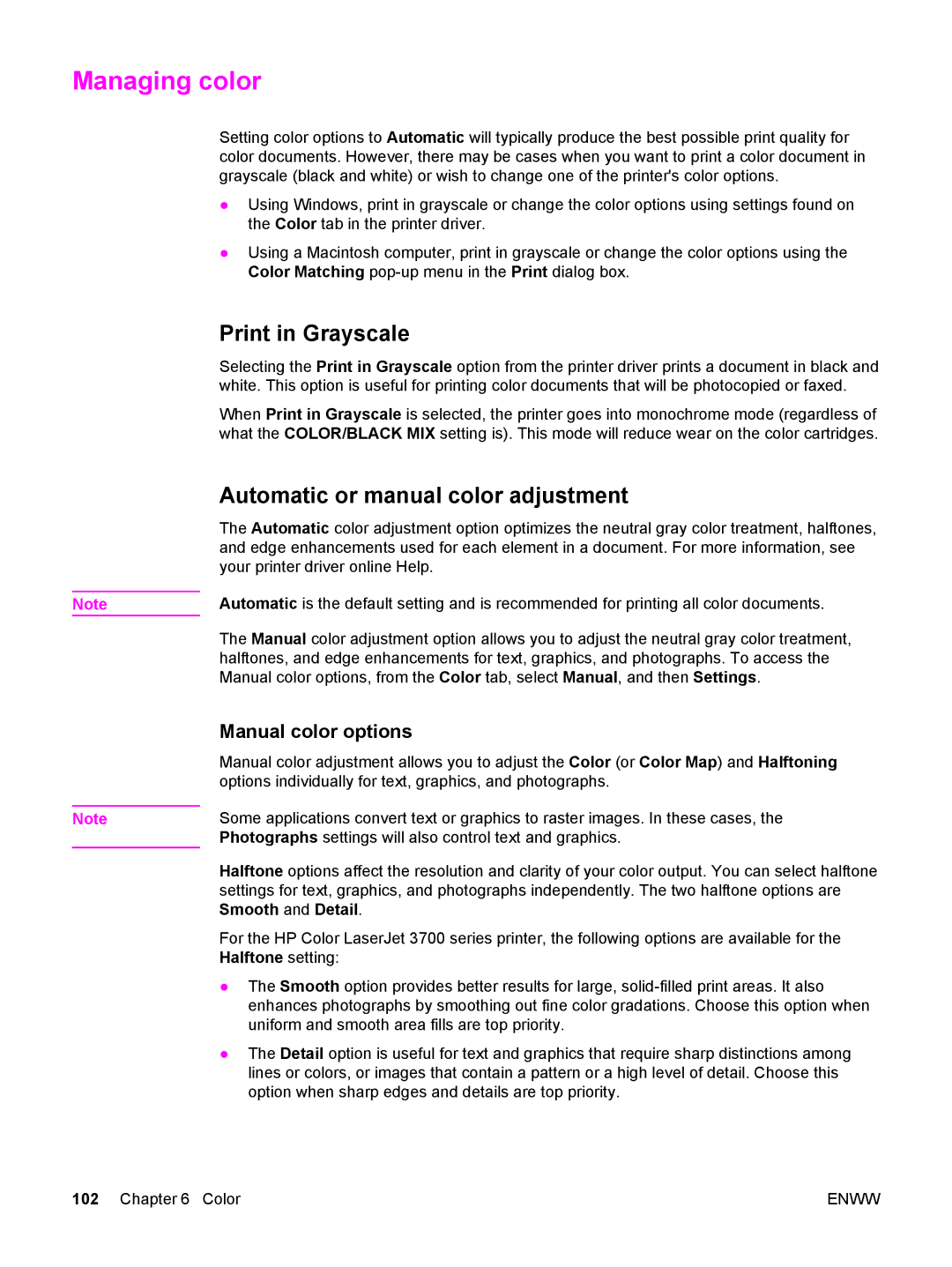 HP 3700, 3500 Managing color, Print in Grayscale, Automatic or manual color adjustment, Manual color options 