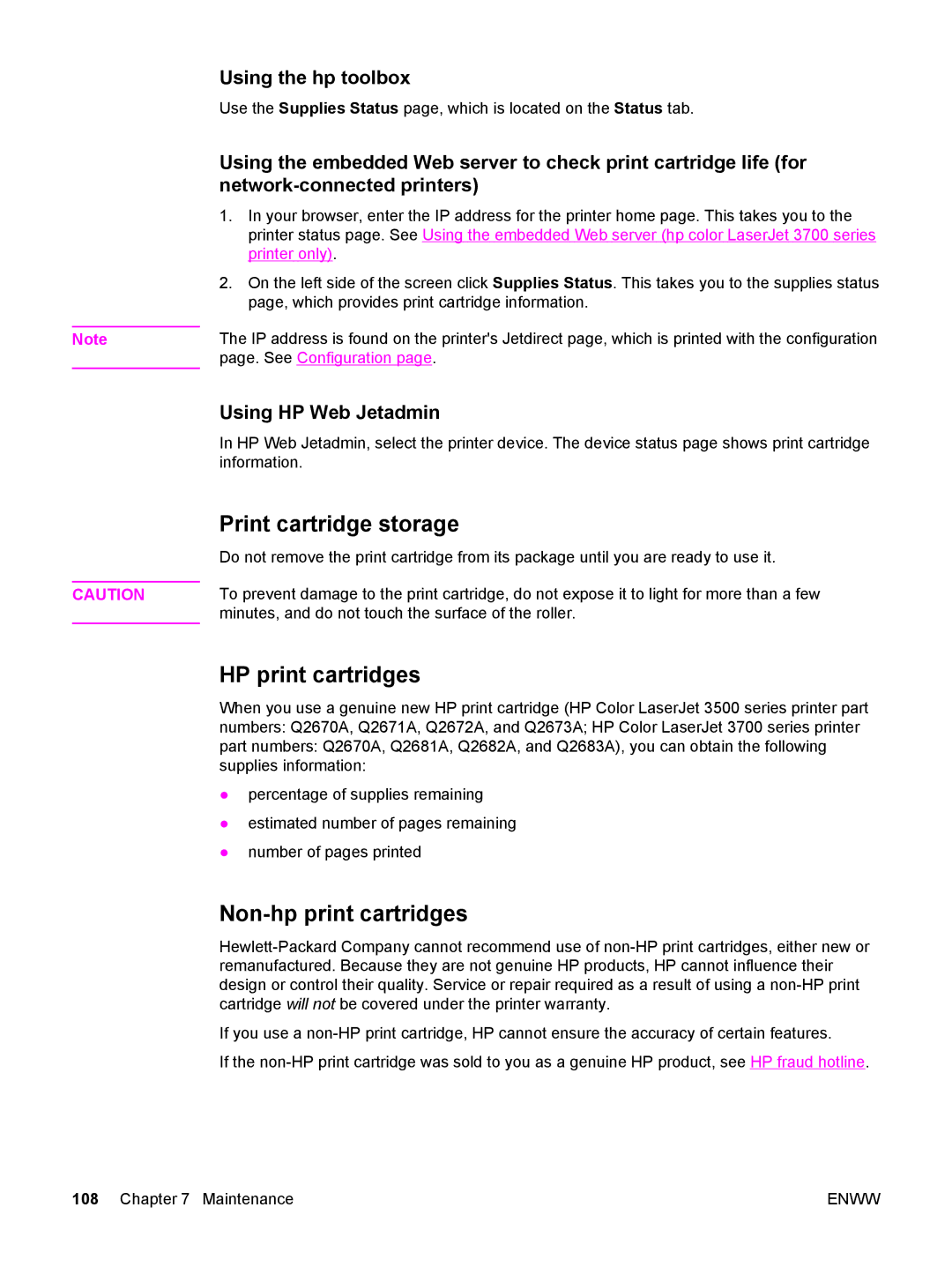 HP 3700 Print cartridge storage, HP print cartridges, Non-hp print cartridges, Using the hp toolbox, Using HP Web Jetadmin 