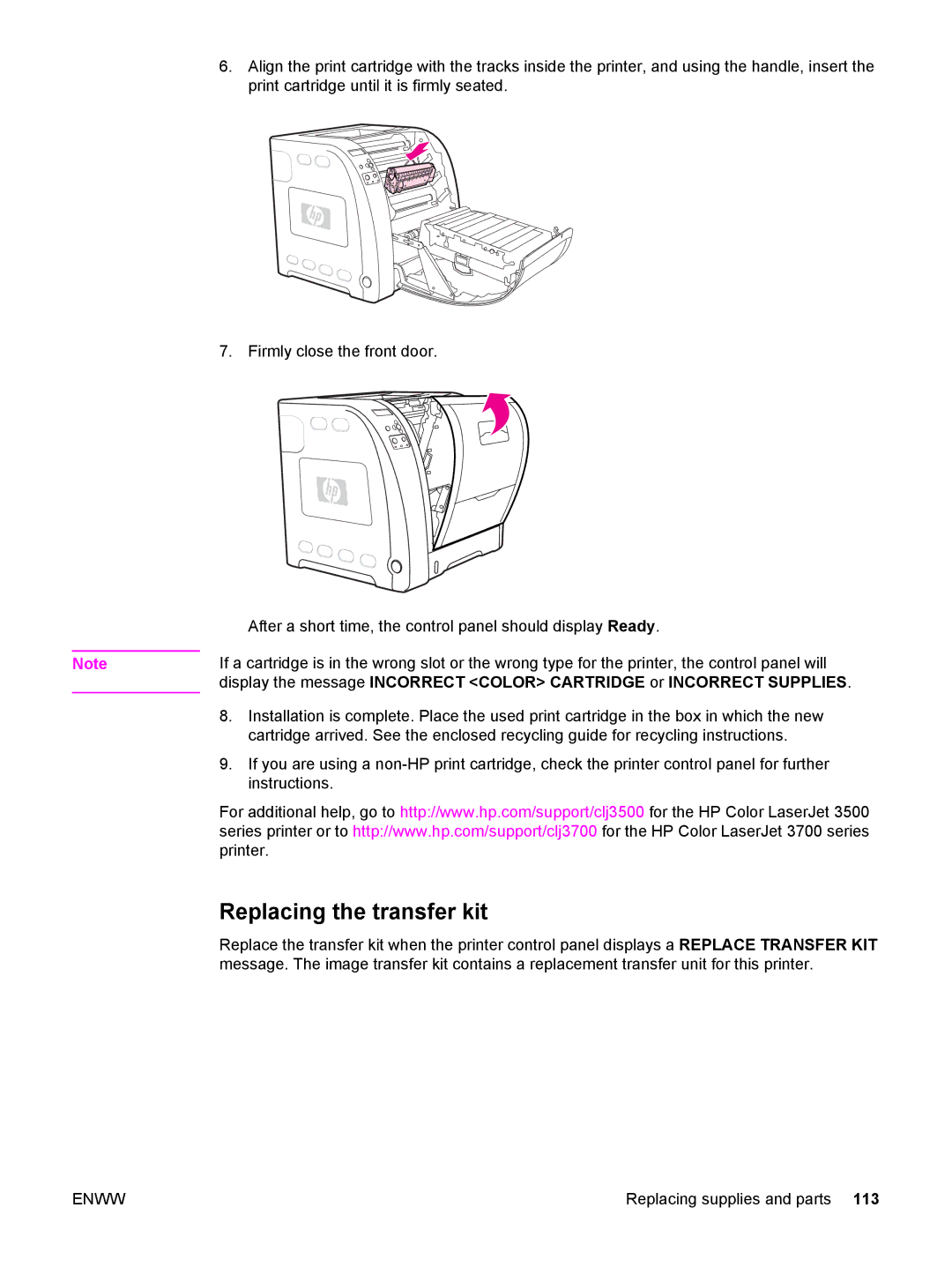 HP 3500, 3700 manual Replacing the transfer kit 