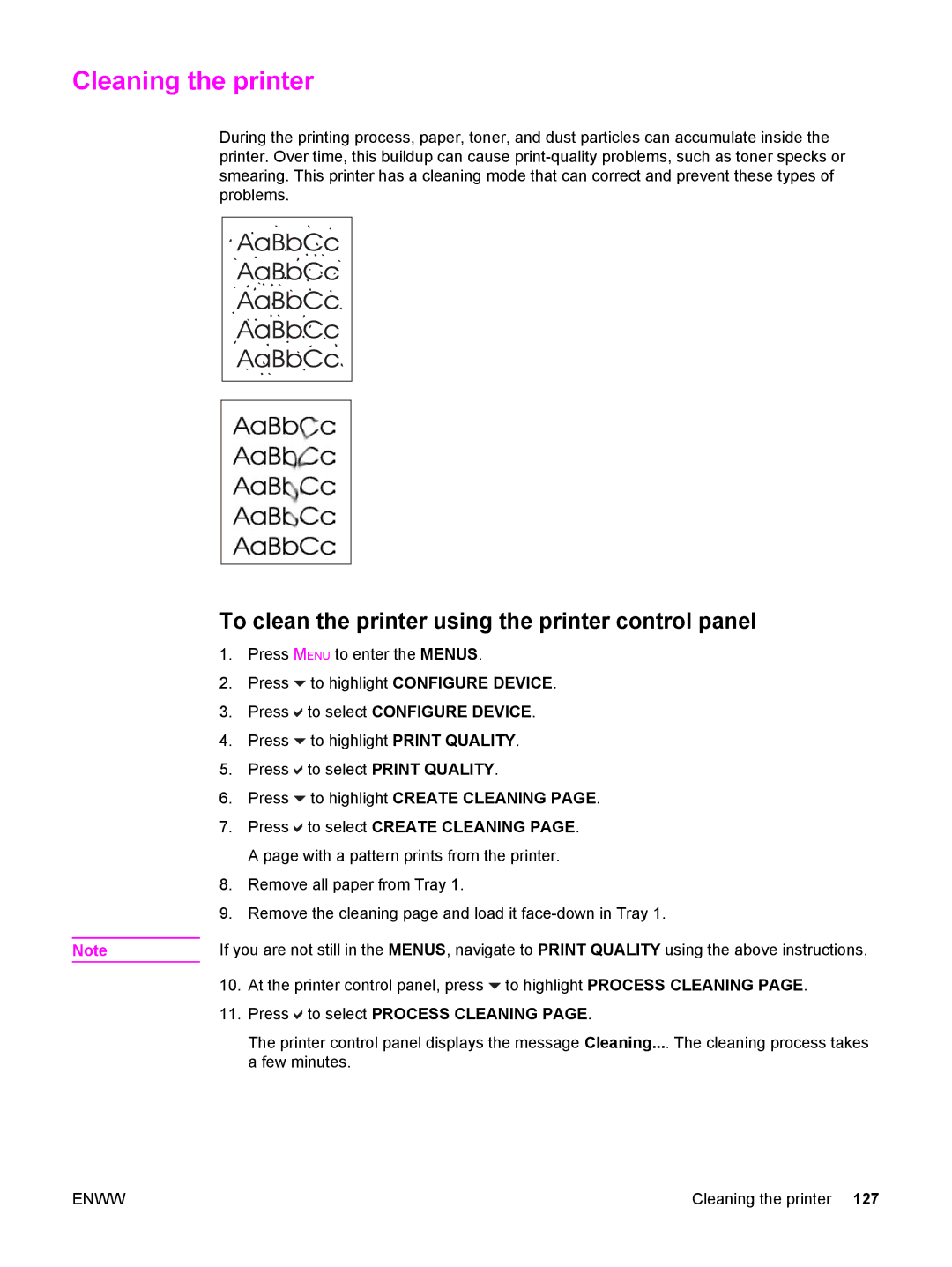 HP 3500, 3700 manual Cleaning the printer, To clean the printer using the printer control panel 