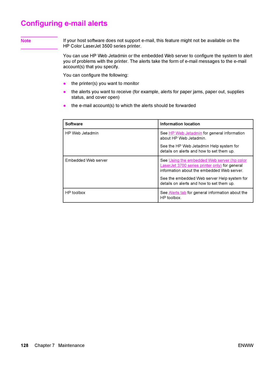 HP 3700, 3500 manual Configuring e-mail alerts, Software Information location, See Using the embedded Web server hp color 