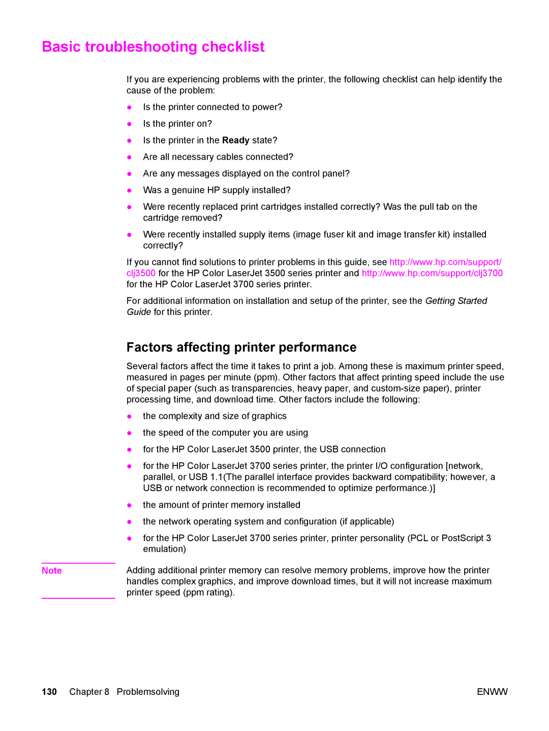 HP 3700, 3500 manual Basic troubleshooting checklist, Factors affecting printer performance 