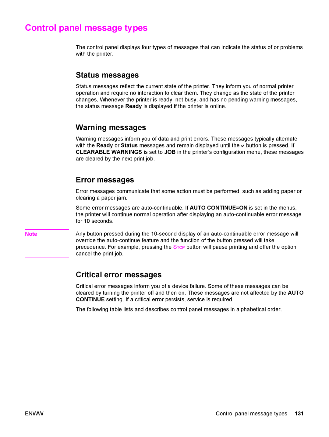 HP 3500, 3700 manual Control panel message types, Status messages, Error messages, Critical error messages 