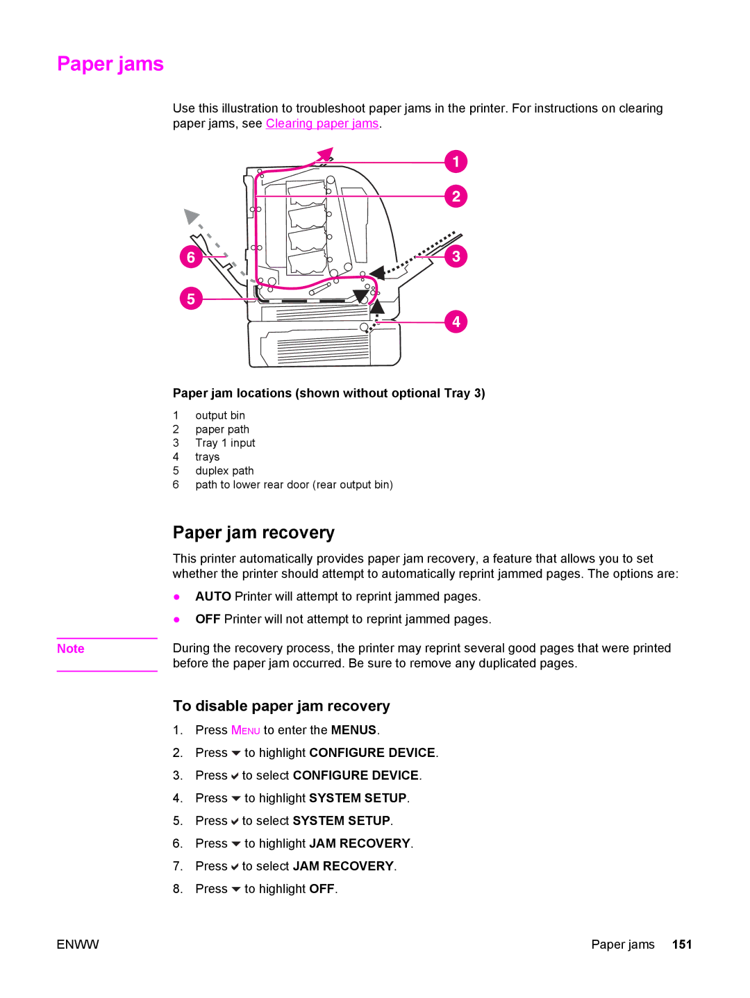 HP 3500 Paper jams, Paper jam recovery, To disable paper jam recovery, Paper jam locations shown without optional Tray 