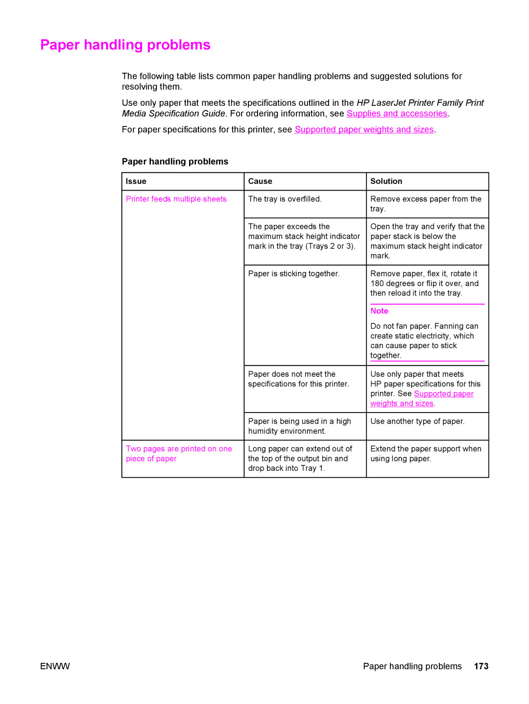 HP 3500, 3700 manual Paper handling problems, Printer feeds multiple sheets, Two pages are printed on one piece of paper 