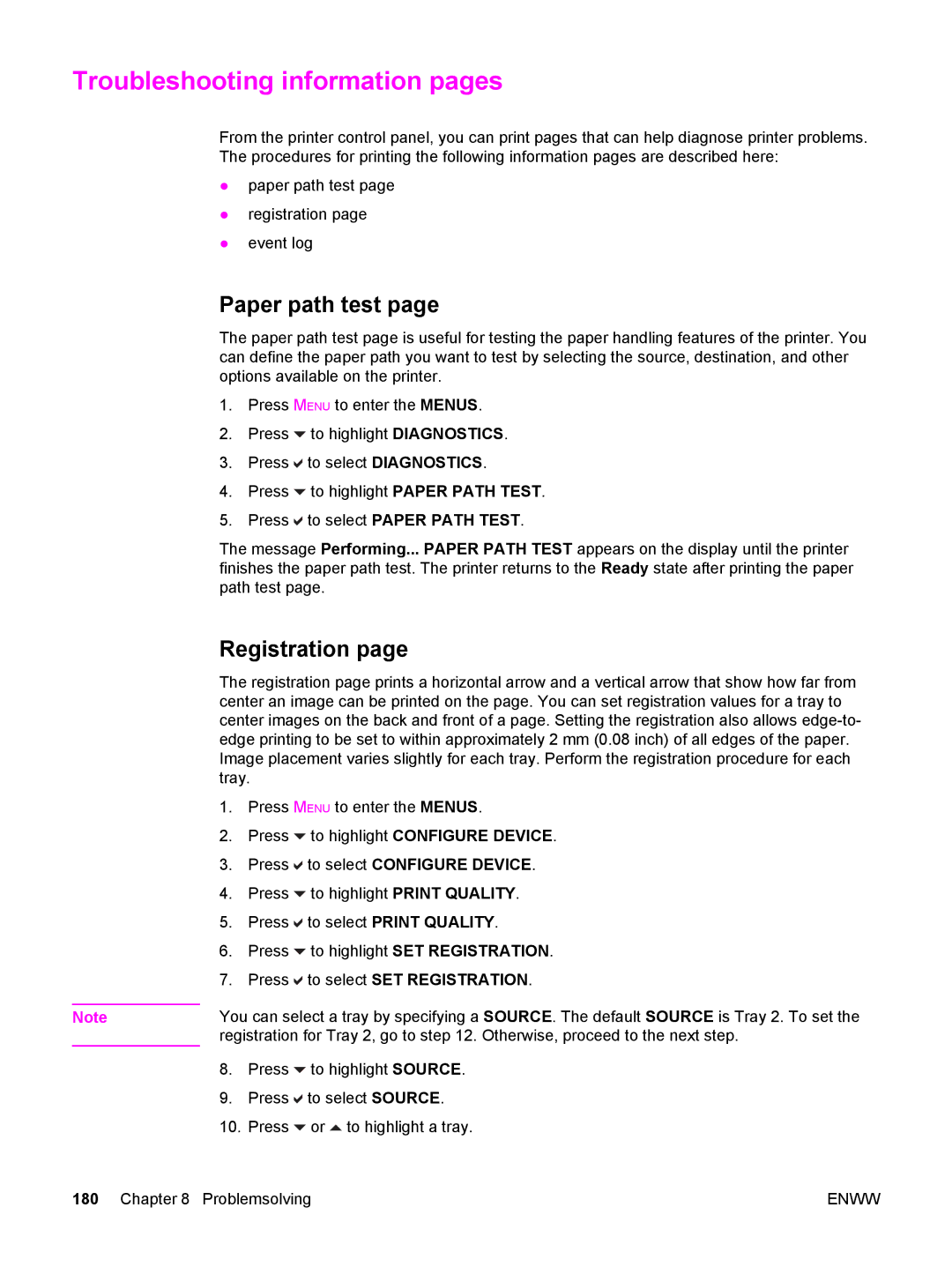 HP 3700, 3500 manual Troubleshooting information pages, Paper path test, Registration 