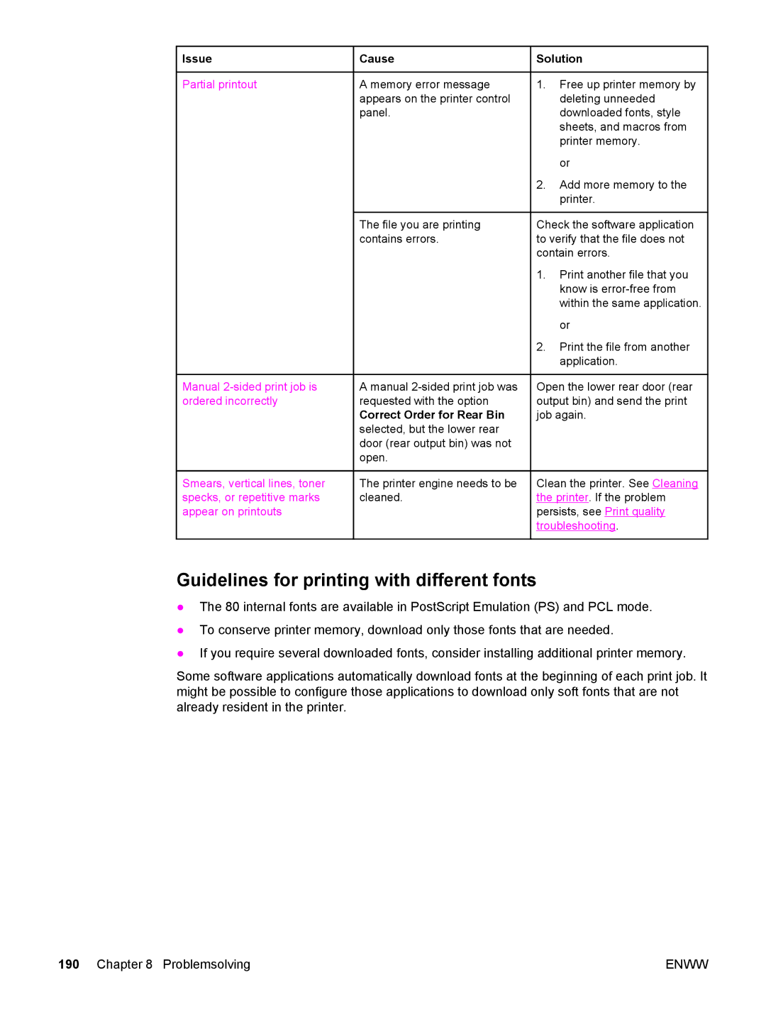 HP 3700, 3500 manual Guidelines for printing with different fonts, Issue Cause Solution 