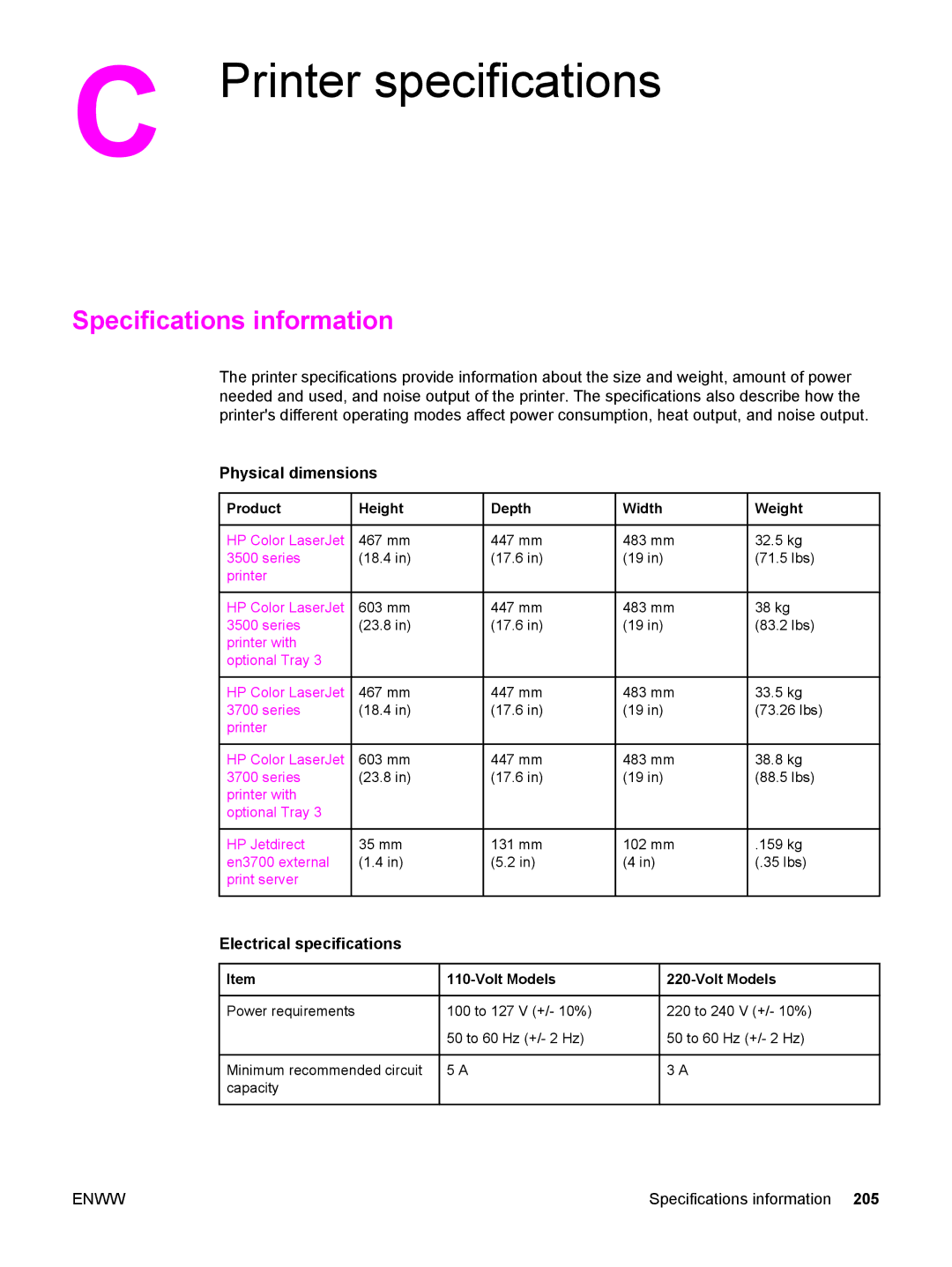 HP 3500, 3700 manual Printer specifications, Specifications information, Physical dimensions, Electrical specifications 