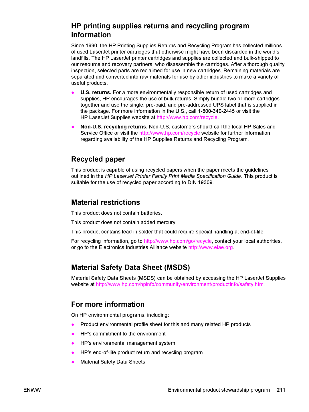 HP 3500, 3700 manual Material restrictions, Material Safety Data Sheet Msds For more information 