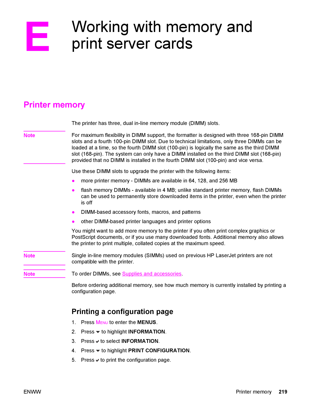 HP 3500, 3700 manual Working with memory, Print server cards, Printer memory, Printing a configuration 