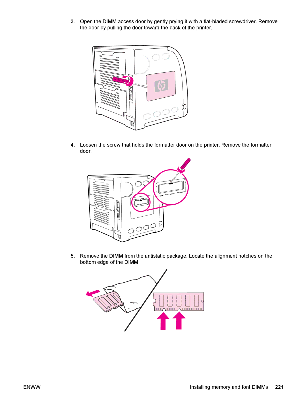 HP 3500, 3700 manual Installing memory and font DIMMs 